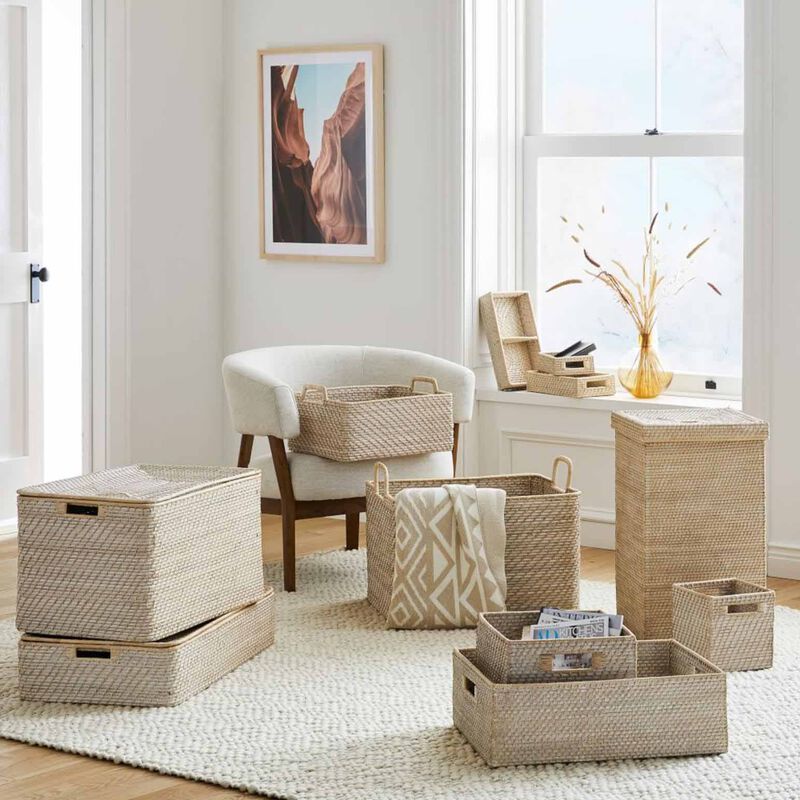 West Elm Modern Weave Handle Basket Low Whitewash image number 1